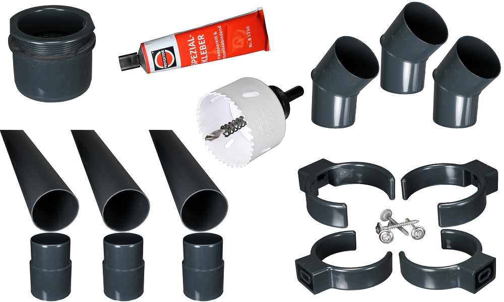 Fallrohr-Komplett-Set, PVC, Anthrazit, DN 75, komplett für einen Ablauf, mit allem Zubehör