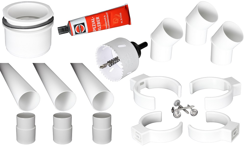 Fallrohr-Komplett-Set, PVC, Weiß, DN 75, komplett für einen Ablauf, mit allem Zubehör