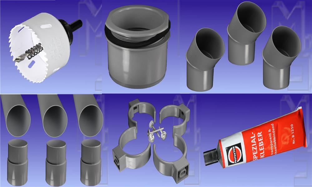 Fallrohr-Komplett-Set, PVC, Grau, DN 75, komplett für einen Ablauf, mit allem Zubehör