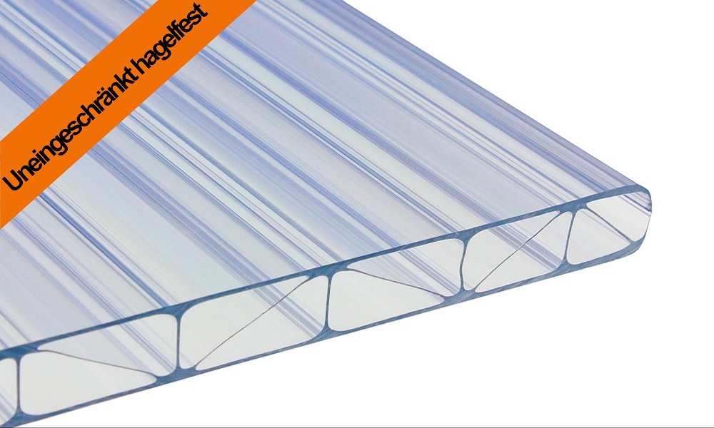 16 mm Stegplatte, Garantiert Hagelfest, Premium Longlife aus PC, Glasklar, Struktur 2-fach + M