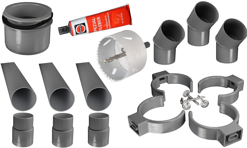 Fallrohr-Komplett-Set, PVC, Grau, DN 75, komplett für einen Ablauf, mit allem Zubehör