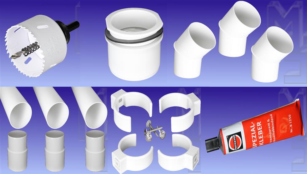 Fallrohr-Komplett-Set, PVC, Weiß, DN 75, komplett für einen Ablauf, mit allem Zubehör