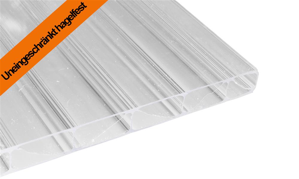 16 mm Stegplatte, Garantiert Hagelfest, Premium Longlife aus PC, Glasklar, Struktur 2-fach + M