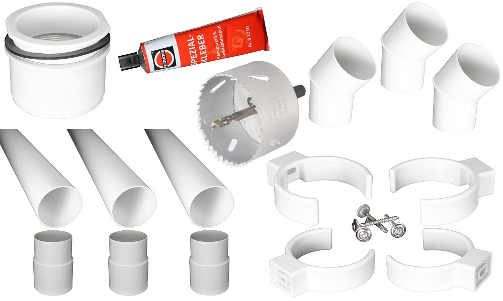 Fallrohr-Komplett-Set, PVC, Weiß, DN 75, komplett für einen Ablauf, mit allem Zubehör
