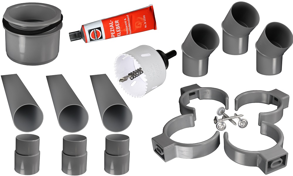 Fallrohr-Komplett-Set, PVC, Grau, DN 75, komplett für einen Ablauf, mit allem Zubehör