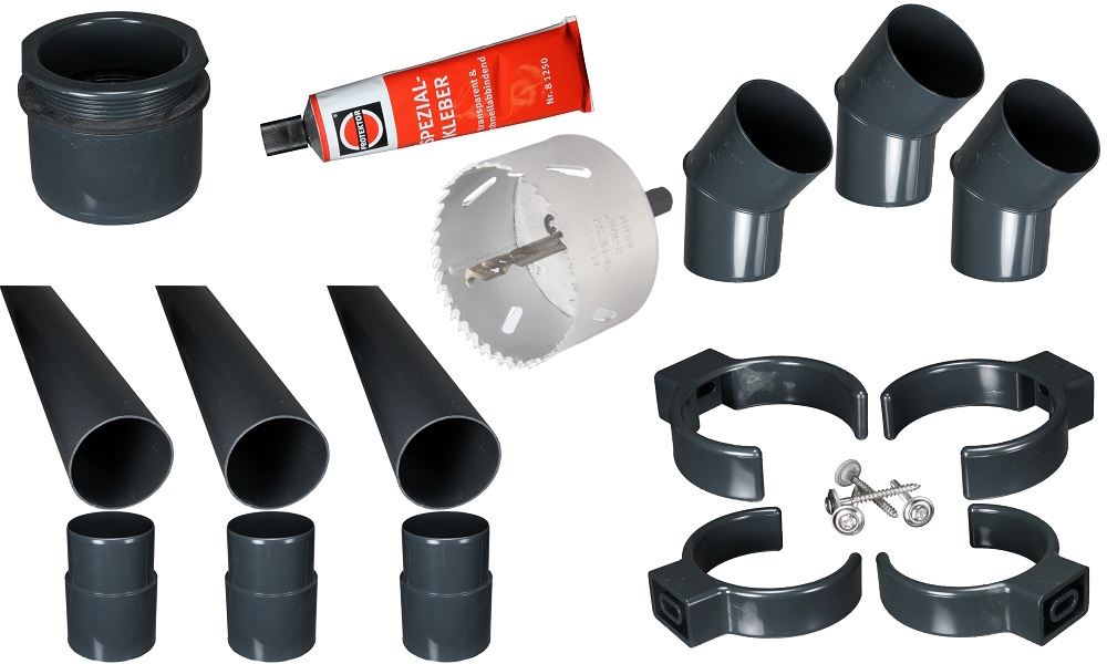 Fallrohr-Komplett-Set, PVC, Anthrazit, DN 75, komplett für einen Ablauf, mit allem Zubehör